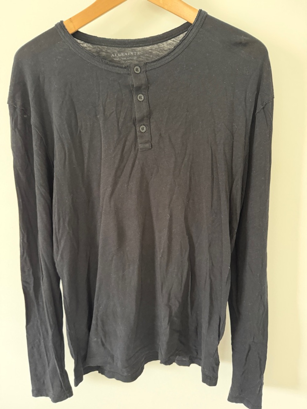 AllSaints Black Long-Sleeve Henley Shirt 100% Cotton